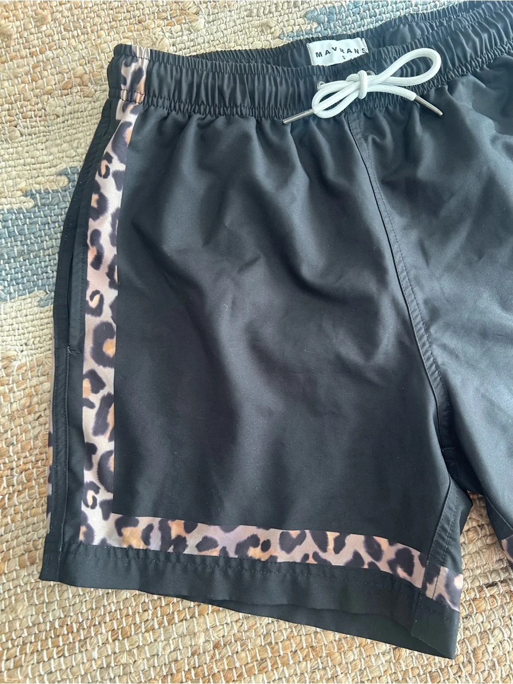 MAVRANS Black Leopard Trim Swim Trunks Board Shorts Size Small